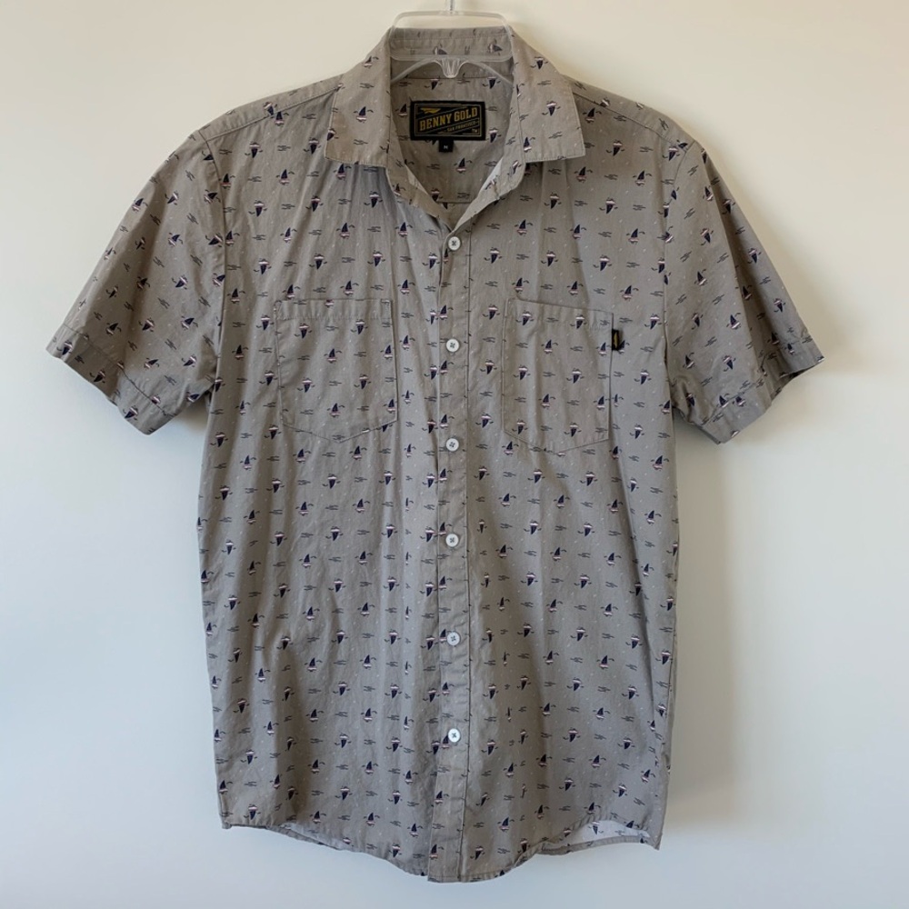 Grey Sailing Boat Short Sleeve Graphic Button Shirt Top
